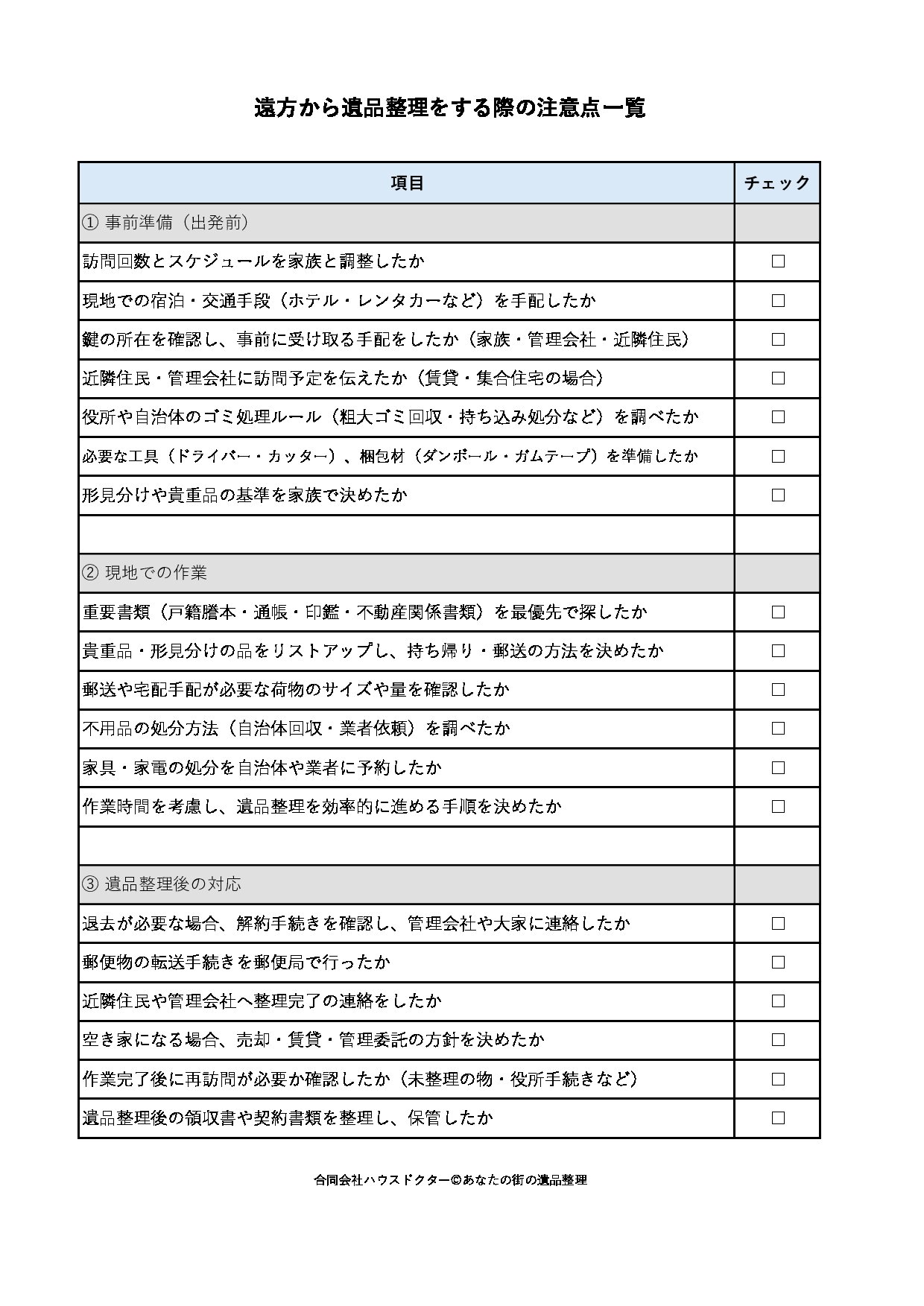 遠方から遺品整理をする際の注意点一覧